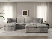 Deluxe Cloud 4-Seater Grey Large Space Sofa Set | 7-Piece (Includes 3 Ottomans), Linen Look Poly Fabric, Easy To Clean