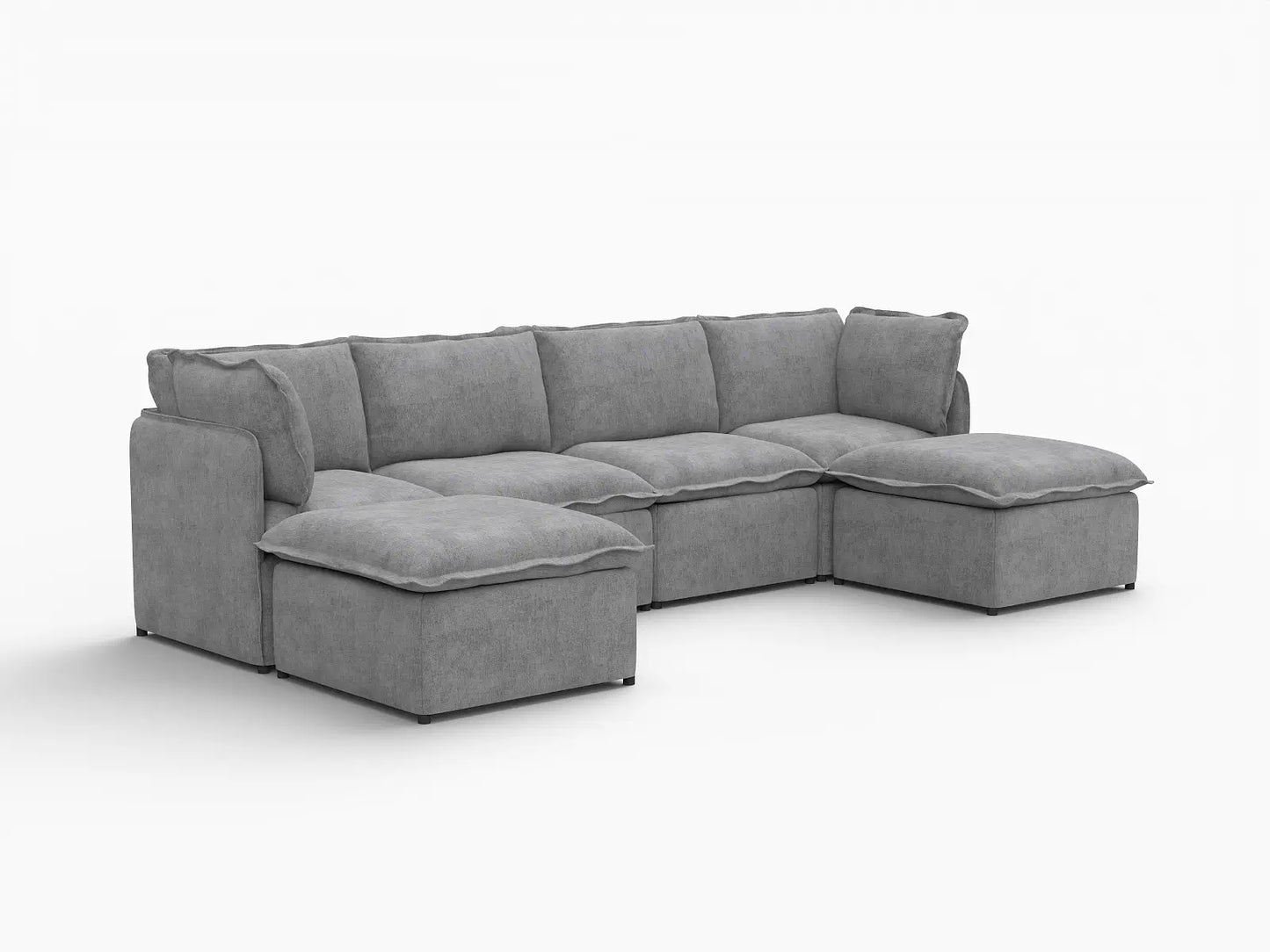 Deluxe Cloud 4-Seater Grey Large Space U-Shaped Sectional | 6-Piece (Includes 2 Ottomans), Linen Look Poly Fabric, Easy To Clean