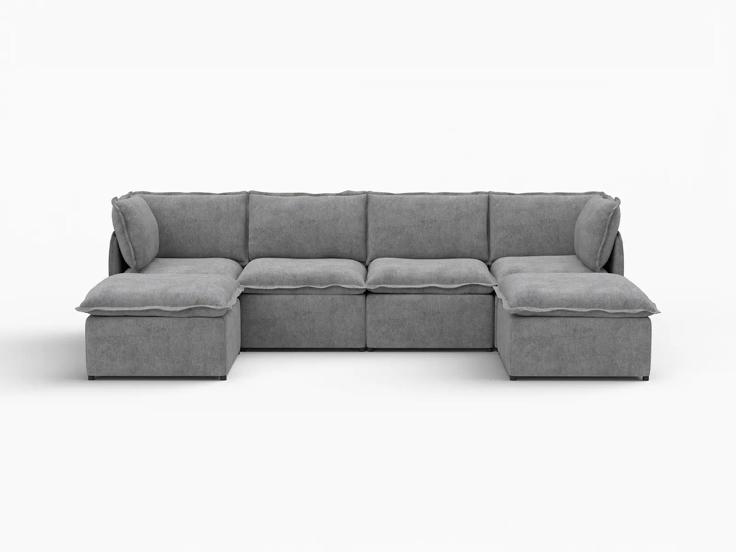 Deluxe Cloud 4-Seater Grey Large Space U-Shaped Sectional | 6-Piece (Includes 2 Ottomans), Linen Look Poly Fabric, Easy To Clean