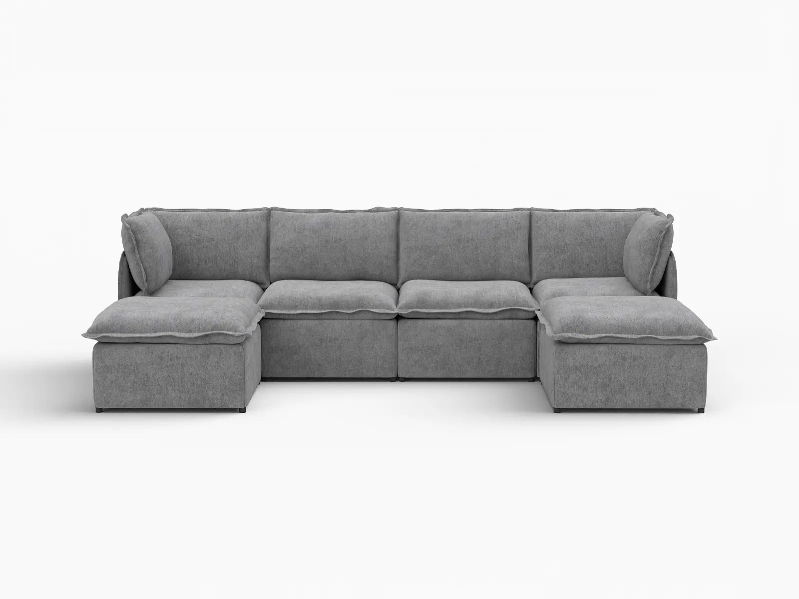 Deluxe Cloud 4-Seater Grey Large Space U-Shaped Sectional | 6-Piece (Includes 2 Ottomans), Linen Look Poly Fabric, Easy To Clean