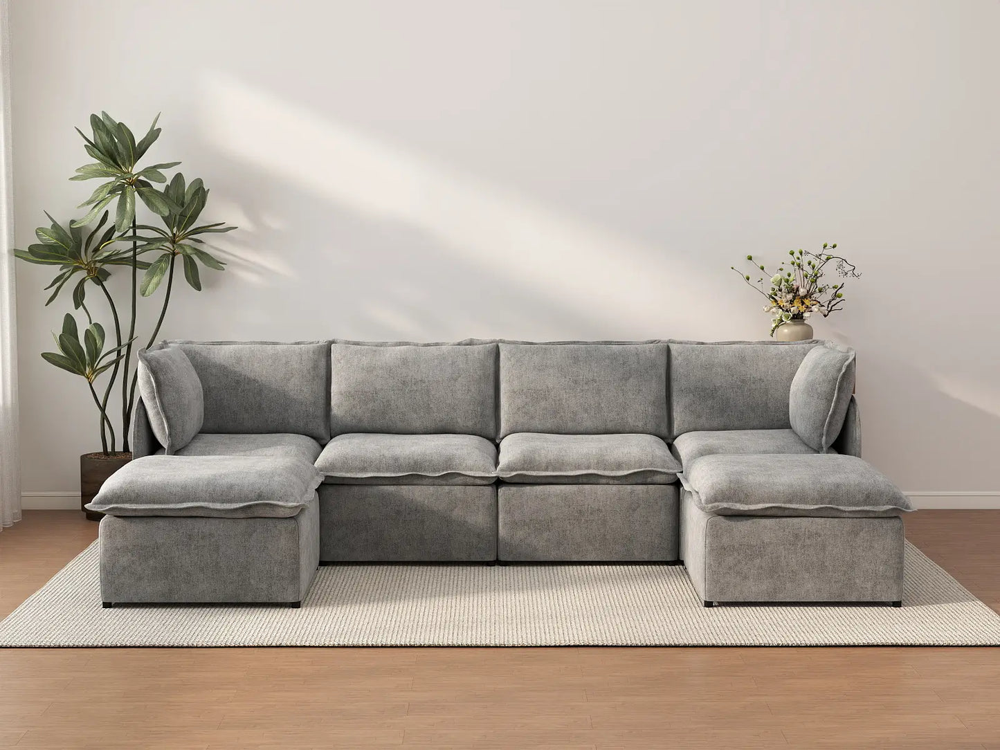 Deluxe Cloud 4-Seater Grey Large Space U-Shaped Sectional | 6-Piece (Includes 2 Ottomans), Linen Look Poly Fabric, Easy To Clean