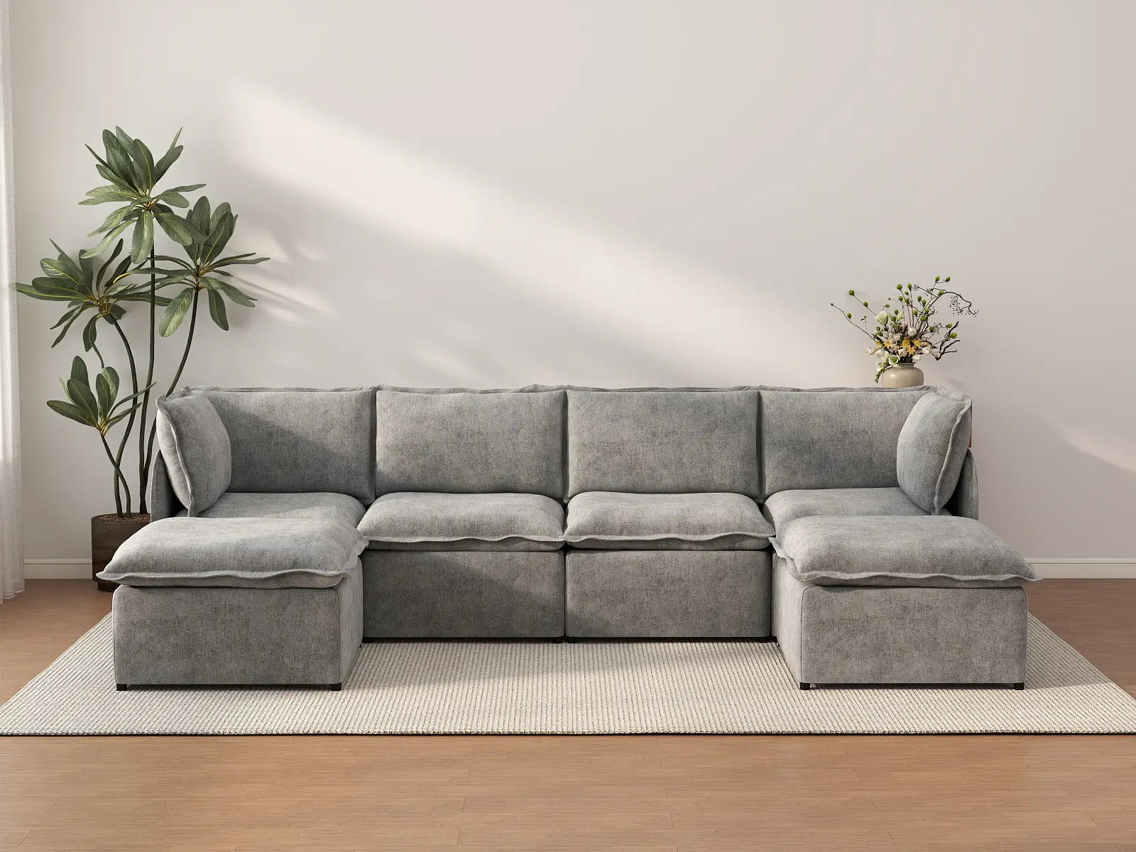 Deluxe Cloud 4-Seater Grey Large Space U-Shaped Sectional | 6-Piece (Includes 2 Ottomans), Linen Look Poly Fabric, Easy To Clean