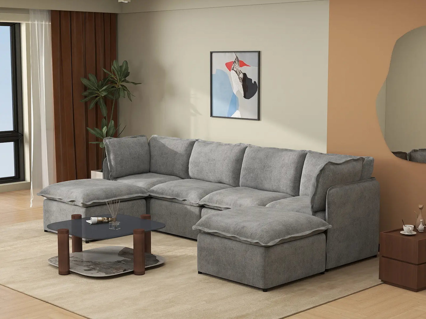 Deluxe Cloud 4-Seater Grey Large Space U-Shaped Sectional | 6-Piece (Includes 2 Ottomans), Linen Look Poly Fabric, Easy To Clean