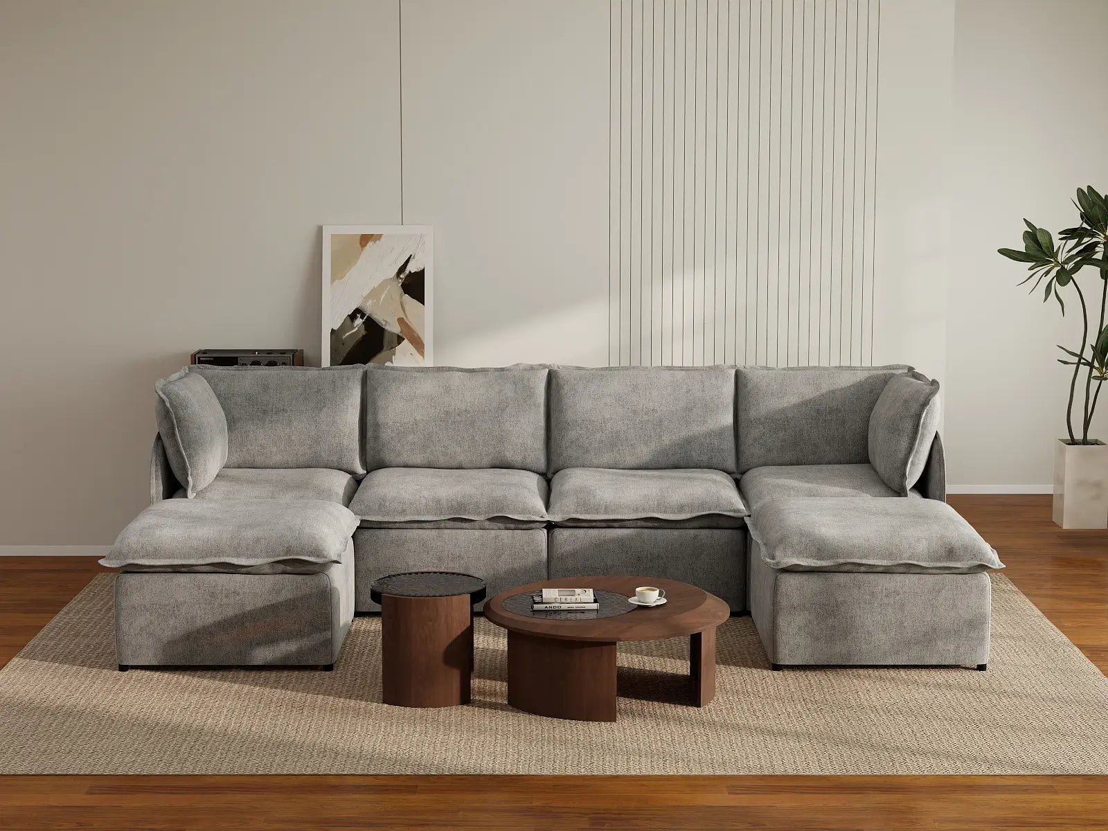 Deluxe Cloud 4-Seater Grey Large Space U-Shaped Sectional | 6-Piece (Includes 2 Ottomans), Linen Look Poly Fabric, Easy To Clean