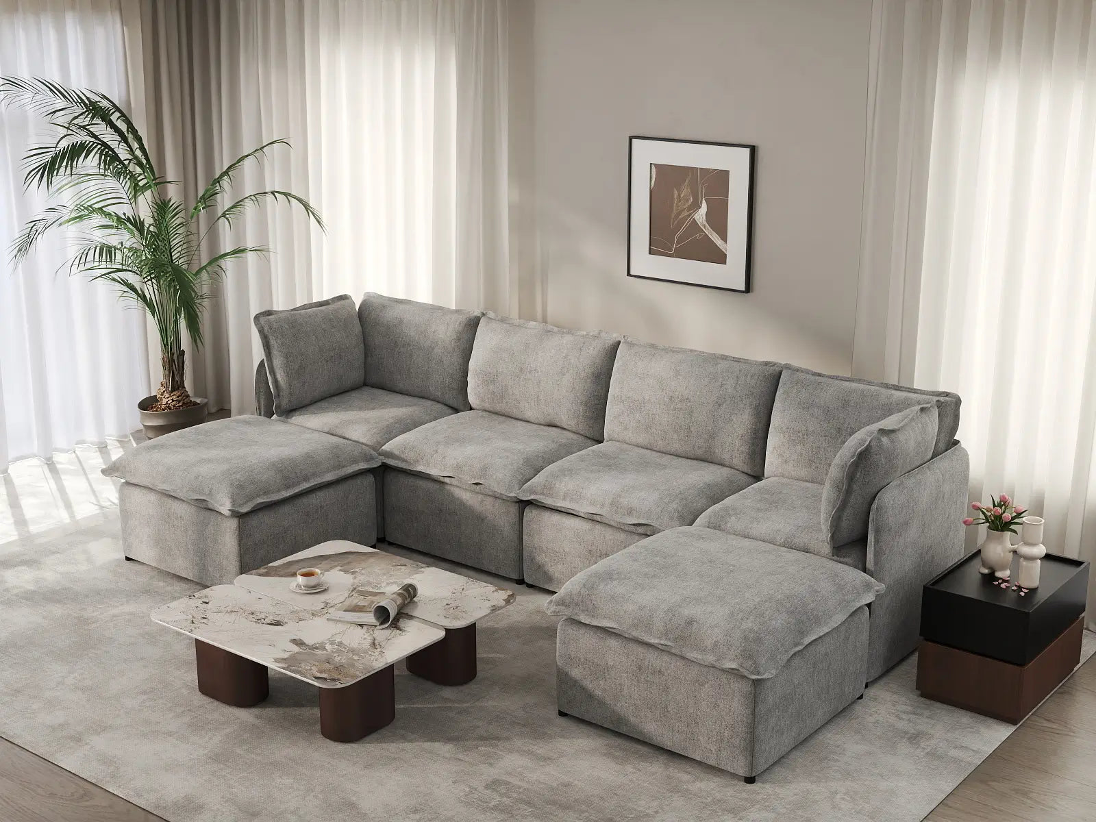 Deluxe Cloud 4-Seater Grey Large Space U-Shaped Sectional | 6-Piece (Includes 2 Ottomans), Linen Look Poly Fabric, Easy To Clean