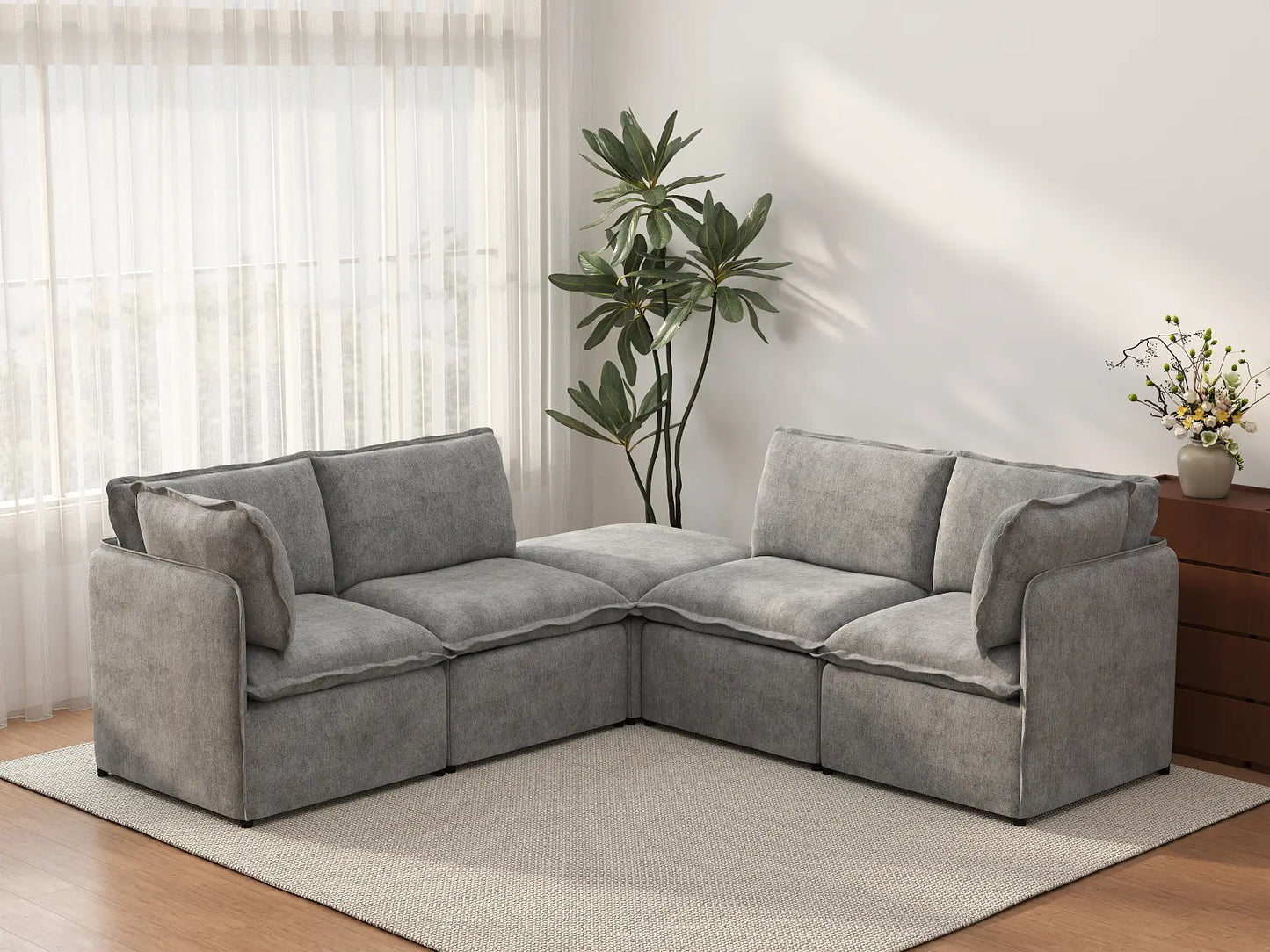 Deluxe Cloud 4-Seater Grey Large Space V-Shaped Sectional | 5-Piece (Includes 1 Ottoman), Linen Look Poly Fabric, Easy To Clean