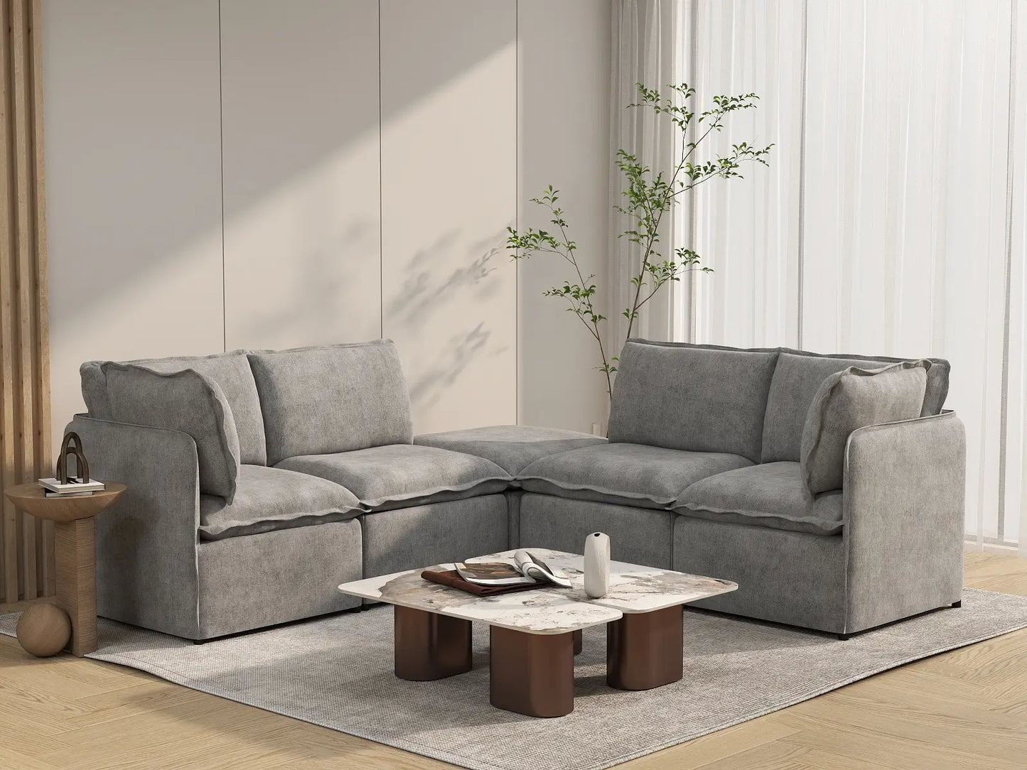 Deluxe Cloud 4-Seater Grey Large Space V-Shaped Sectional | 5-Piece (Includes 1 Ottoman), Linen Look Poly Fabric, Easy To Clean