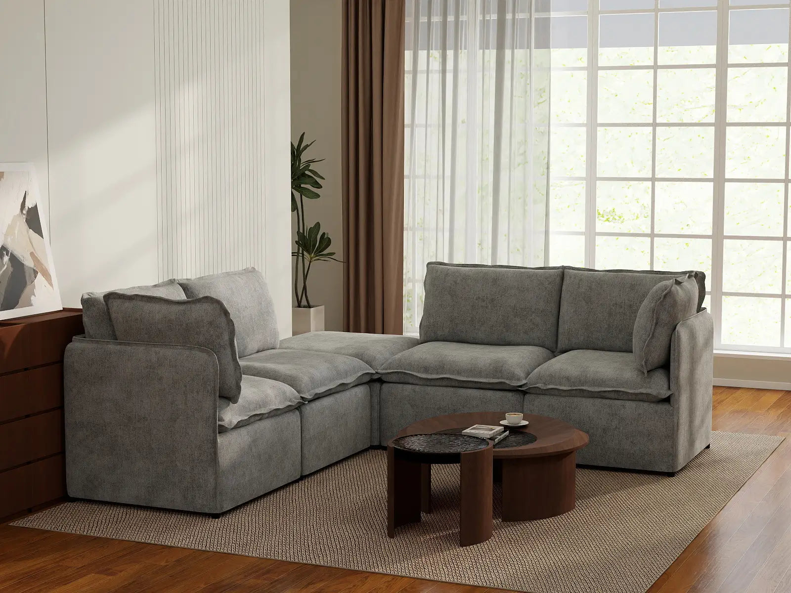 Deluxe Cloud 4-Seater Grey Large Space V-Shaped Sectional | 5-Piece (Includes 1 Ottoman), Linen Look Poly Fabric, Easy To Clean