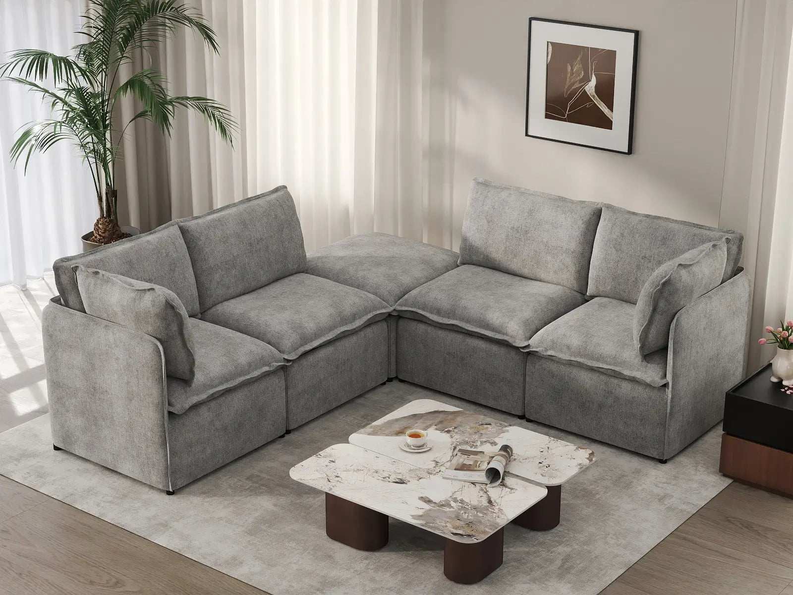 Deluxe Cloud 4-Seater Grey Large Space V-Shaped Sectional | 5-Piece (Includes 1 Ottoman), Linen Look Poly Fabric, Easy To Clean