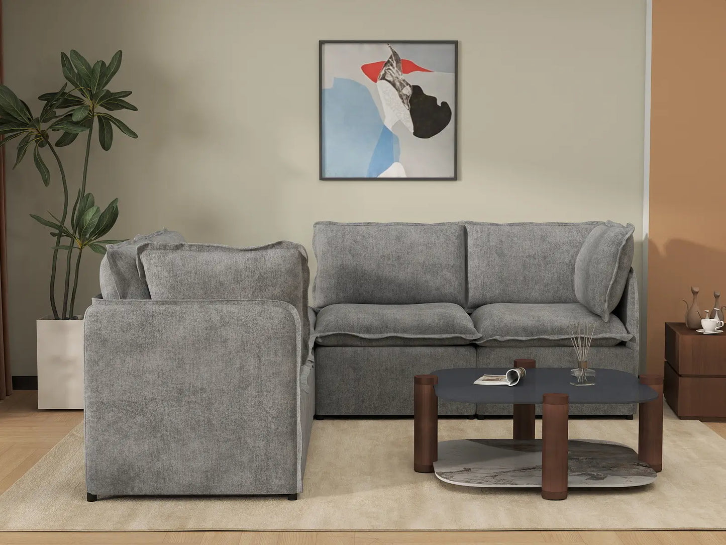 Deluxe Cloud 4-Seater Grey Large Space V-Shaped Sectional | 5-Piece (Includes 1 Ottoman), Linen Look Poly Fabric, Easy To Clean
