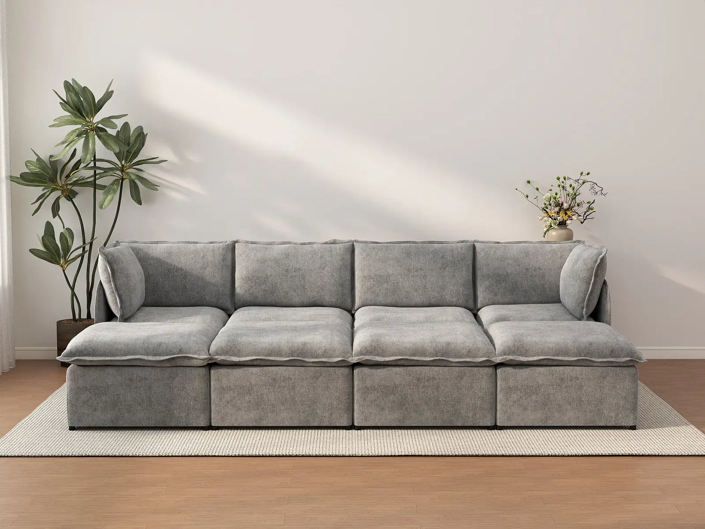 Deluxe Cloud 4-Seater Grey Open Space Pit Sectional | 8-Piece (Includes 4 Ottomans), Linen Look Poly Fabric, Easy To Clean
