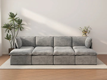 Deluxe Cloud 4-Seater Grey Open Space Pit Sectional | 8-Piece (Includes 4 Ottomans), Linen Look Poly Fabric, Easy To Clean