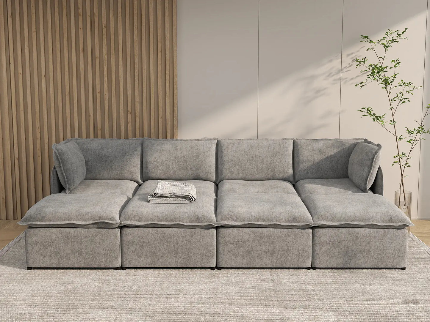 Deluxe Cloud 4-Seater Grey Open Space Pit Sectional | 8-Piece (Includes 4 Ottomans), Linen Look Poly Fabric, Easy To Clean
