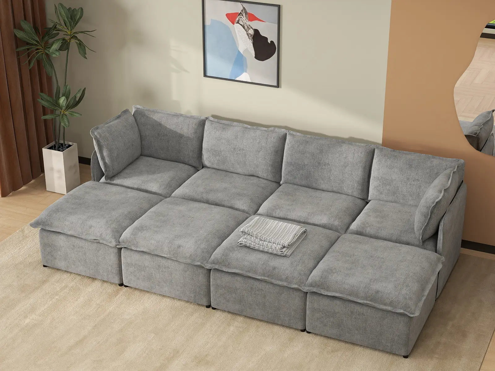 Deluxe Cloud 4-Seater Grey Open Space Pit Sectional | 8-Piece (Includes 4 Ottomans), Linen Look Poly Fabric, Easy To Clean