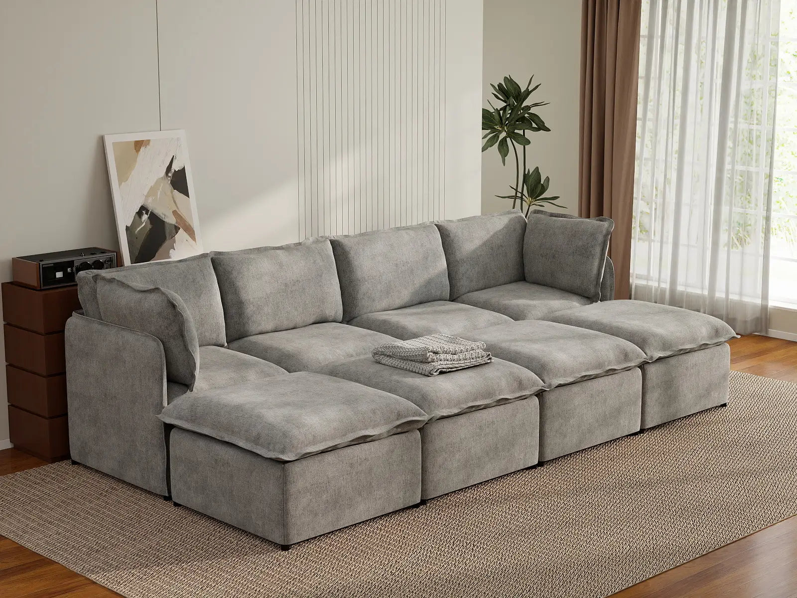 Deluxe Cloud 4-Seater Grey Open Space Pit Sectional | 8-Piece (Includes 4 Ottomans), Linen Look Poly Fabric, Easy To Clean