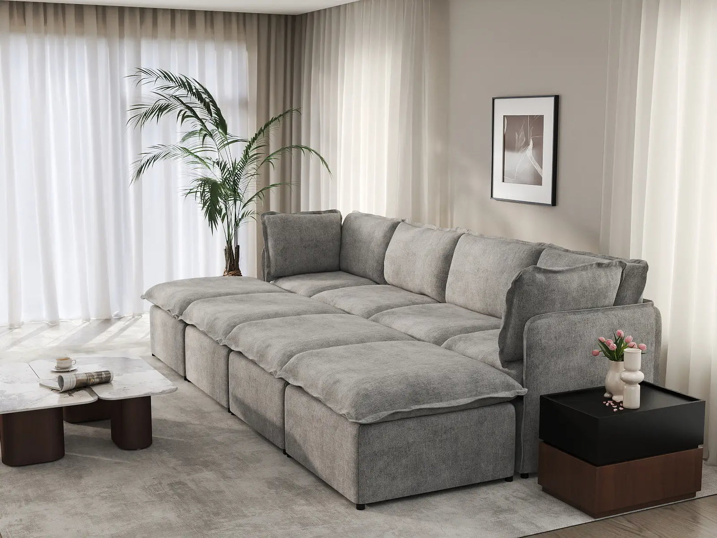 Deluxe Cloud 4-Seater Grey Open Space Pit Sectional | 8-Piece (Includes 4 Ottomans), Linen Look Poly Fabric, Easy To Clean