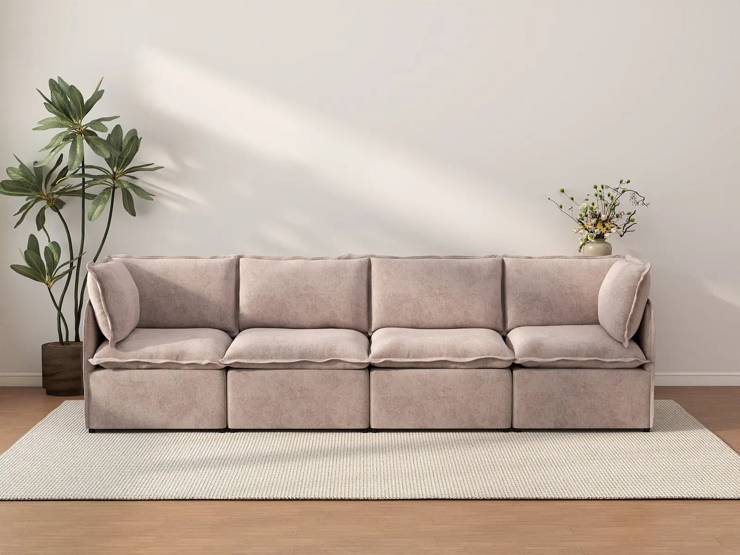 Deluxe Cloud 4-Seater Khaki Couch Sectional | 4-Piece, Linen Look Poly Fabric, Washable Cushion Covers