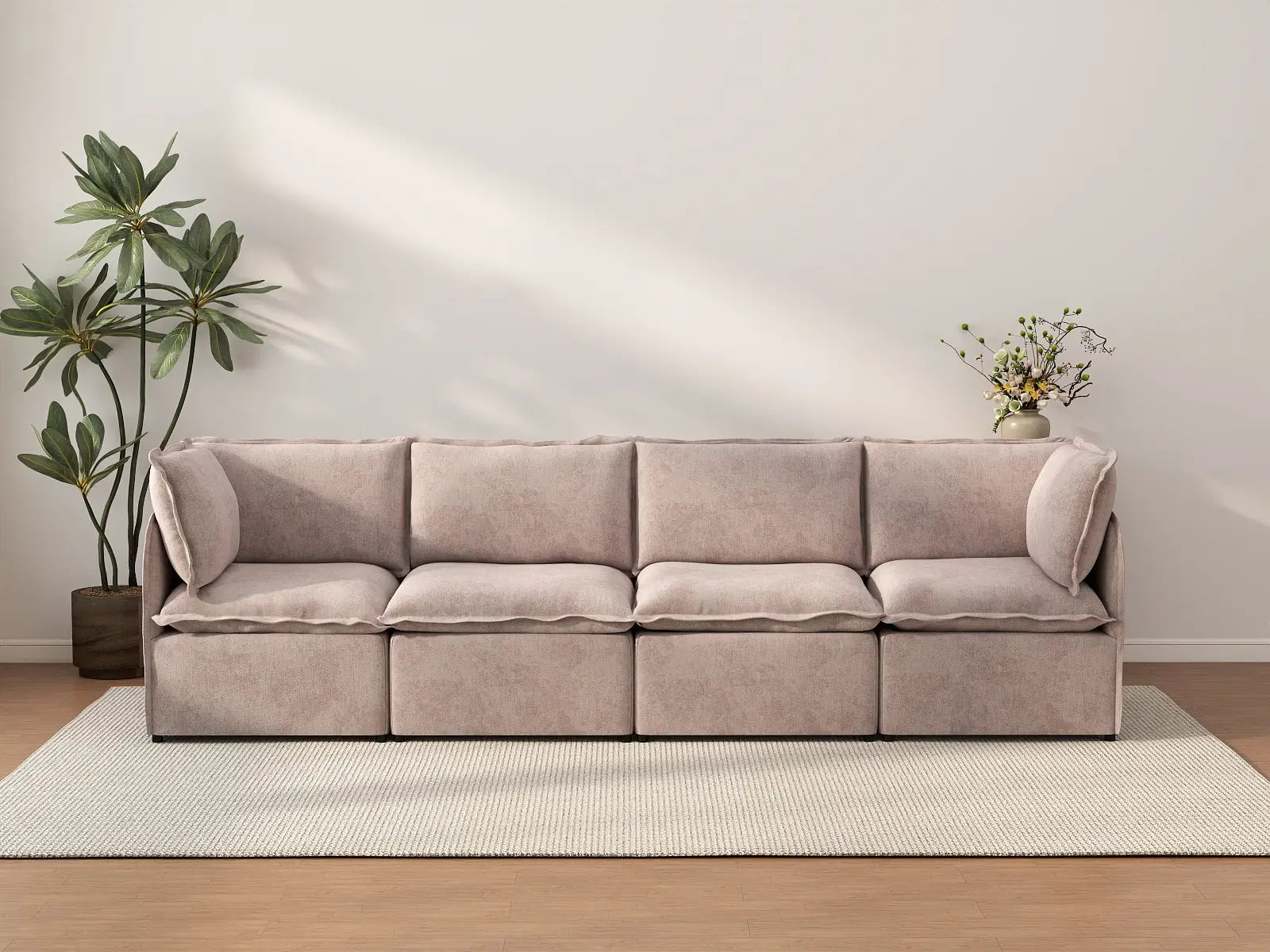 Deluxe Cloud 4-Seater Khaki Couch Sectional | 4-Piece, Linen Look Poly Fabric, Washable Cushion Covers