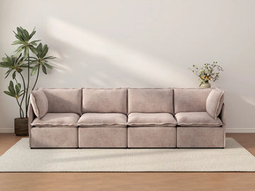 Deluxe Cloud 4-Seater Khaki Couch Sectional | 4-Piece, Linen Look Poly Fabric, Washable Cushion Covers