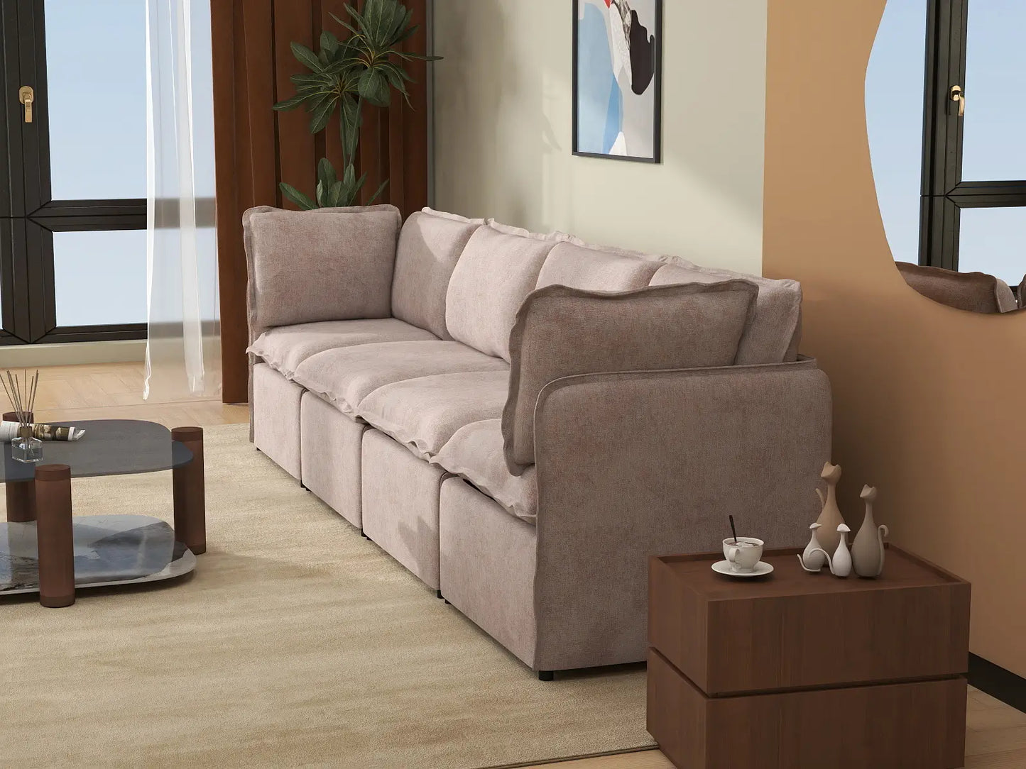 Deluxe Cloud 4-Seater Khaki Couch Sectional | 4-Piece, Linen Look Poly Fabric, Washable Cushion Covers