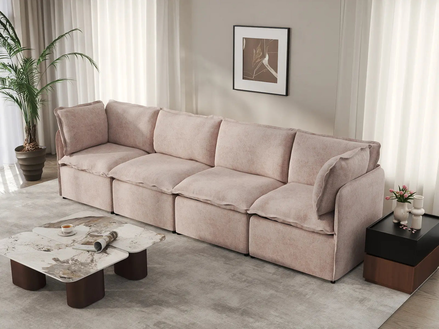 Deluxe Cloud 4-Seater Khaki Couch Sectional | 4-Piece, Linen Look Poly Fabric, Washable Cushion Covers