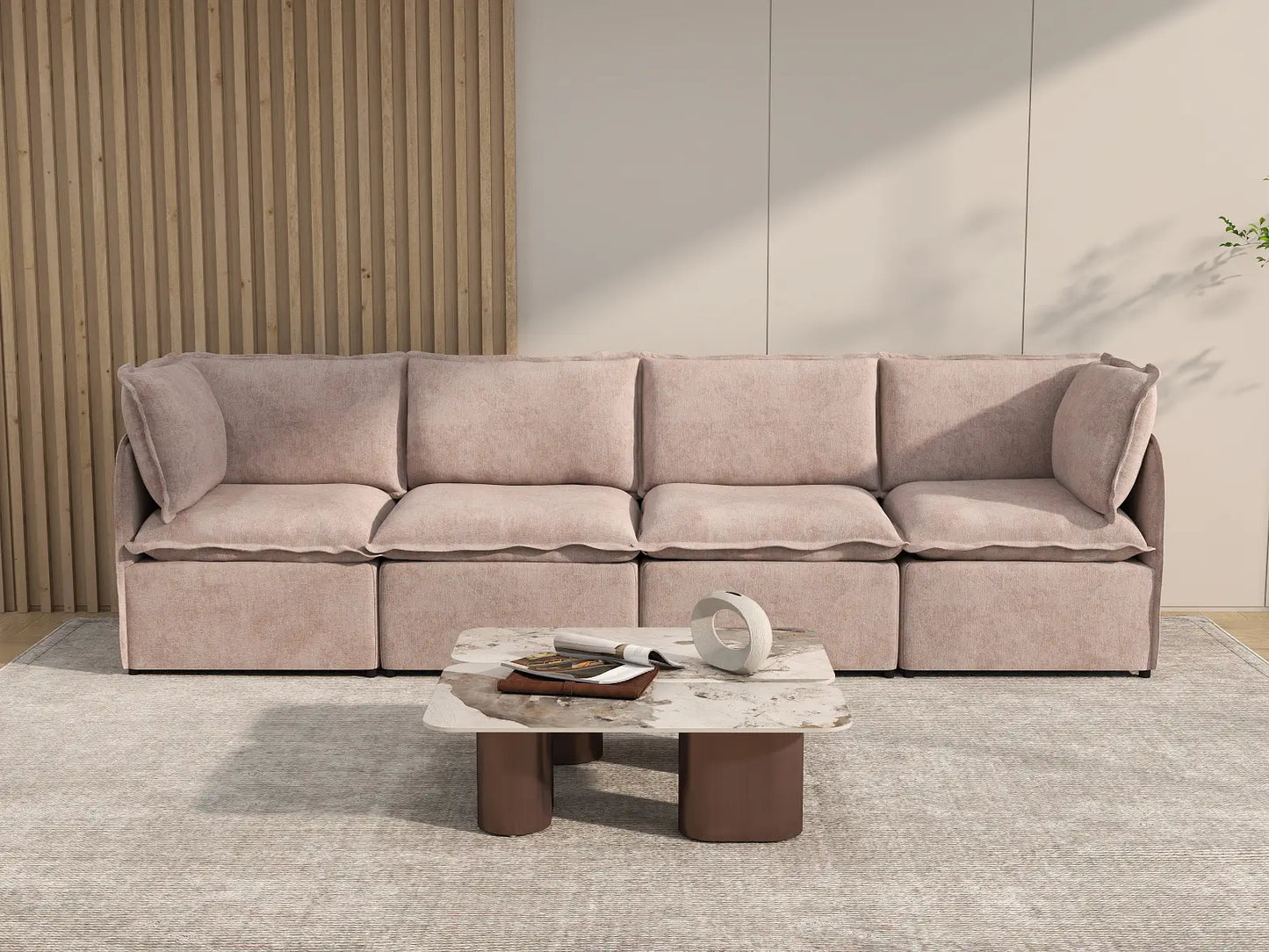 Deluxe Cloud 4-Seater Khaki Couch Sectional | 4-Piece, Linen Look Poly Fabric, Washable Cushion Covers