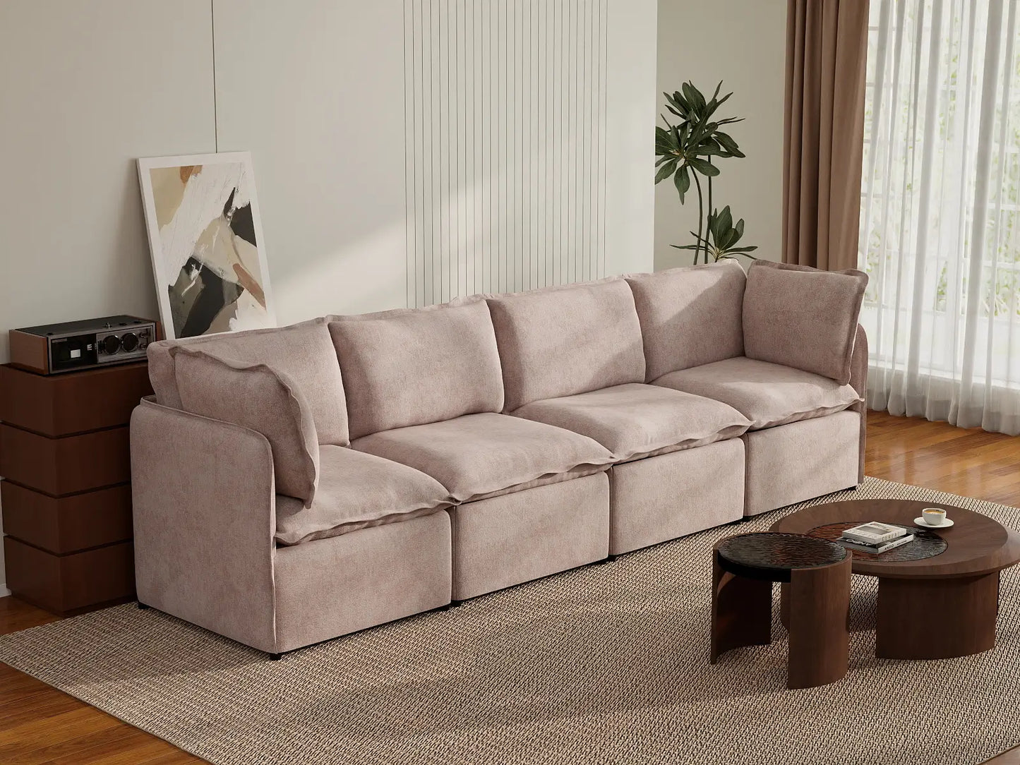 Deluxe Cloud 4-Seater Khaki Couch Sectional | 4-Piece, Linen Look Poly Fabric, Washable Cushion Covers