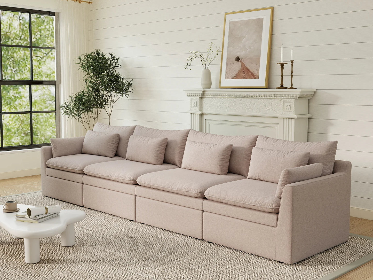 Deluxe Cloud 4-Seater Khaki Couch Sectional | 4-Piece, Linen Look Poly Fabric, Washable Cushion Covers