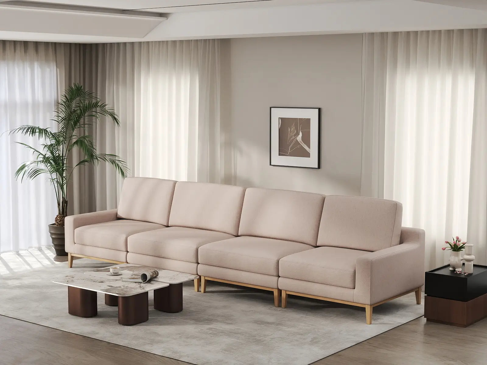Deluxe Cloud 4-Seater Khaki Couch Sectional | 4-Piece, Linen Look Poly Fabric, Washable Cushion Covers