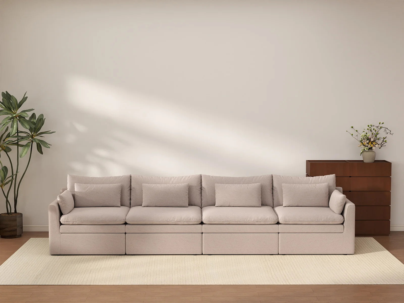 Deluxe Cloud 4-Seater Khaki Couch Sectional | 4-Piece, Linen Look Poly Fabric, Washable Cushion Covers