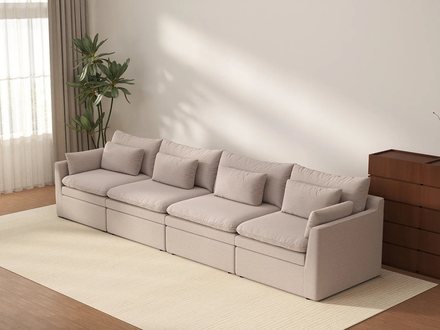 Deluxe Cloud 4-Seater Khaki Couch Sectional | 4-Piece, Linen Look Poly Fabric, Washable Cushion Covers