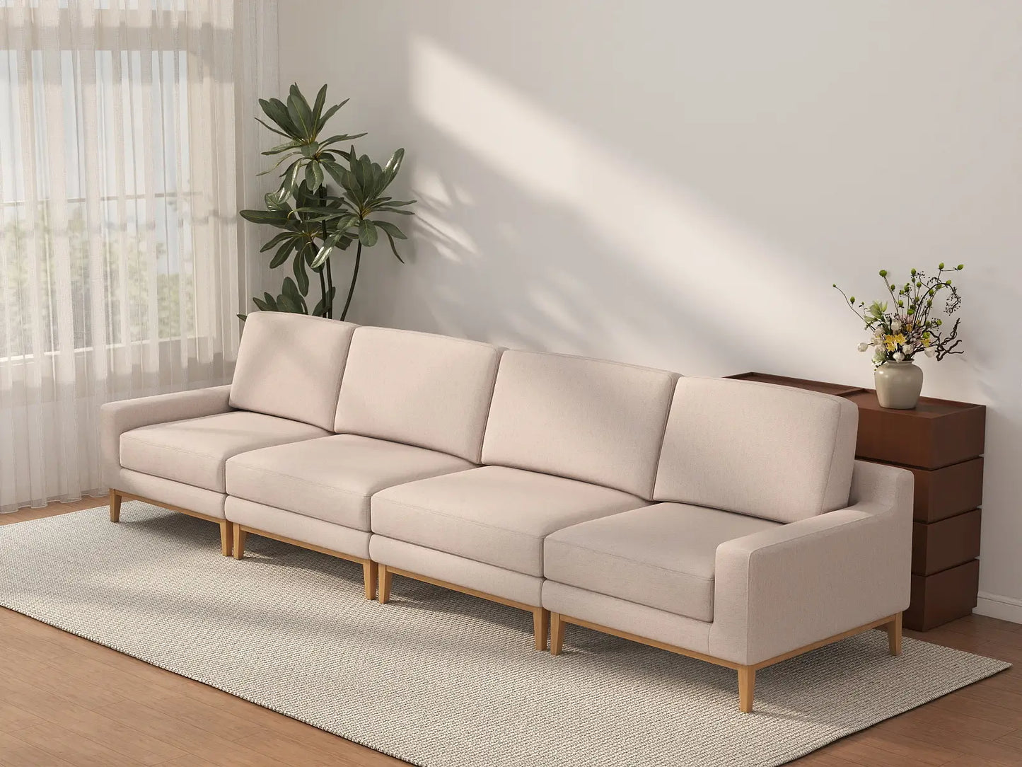 Deluxe Cloud 4-Seater Khaki Couch Sectional | 4-Piece, Linen Look Poly Fabric, Washable Cushion Covers
