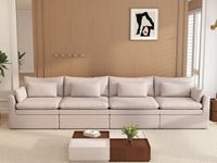 Deluxe Cloud 4-Seater Khaki Couch Sectional | 4-Piece, Linen Look Poly Fabric, Washable Cushion Covers