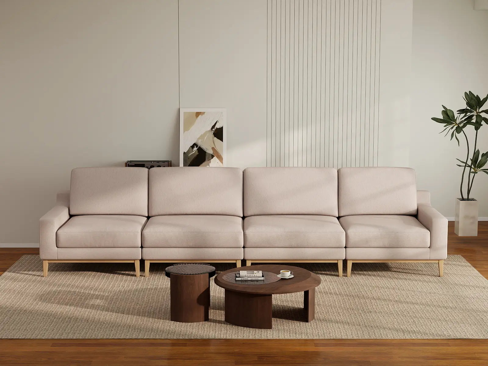 Deluxe Cloud 4-Seater Khaki Couch Sectional | 4-Piece, Linen Look Poly Fabric, Washable Cushion Covers
