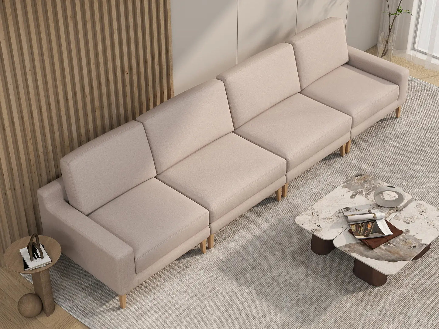 Deluxe Cloud 4-Seater Khaki Couch Sectional | 4-Piece, Linen Look Poly Fabric, Washable Cushion Covers
