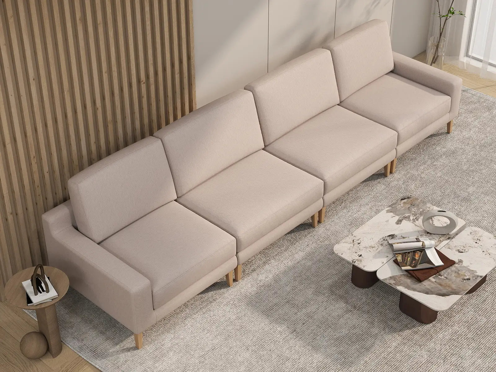 Deluxe Cloud 4-Seater Khaki Couch Sectional | 4-Piece, Linen Look Poly Fabric, Washable Cushion Covers