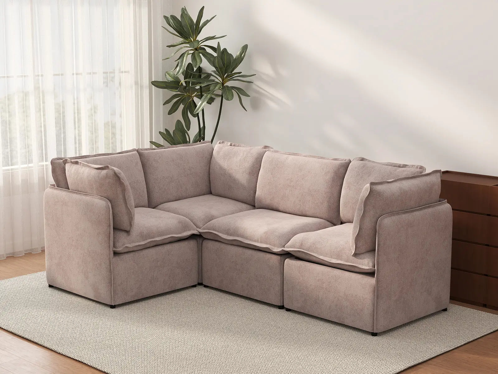 Deluxe Cloud 4-Seater Khaki L-Shaped Sectional | 4-Piece, Linen Look Poly Fabric, Washable Cushion Covers