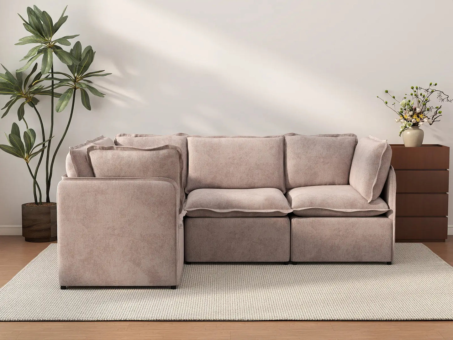 Deluxe Cloud 4-Seater Khaki L-Shaped Sectional | 4-Piece, Linen Look Poly Fabric, Washable Cushion Covers