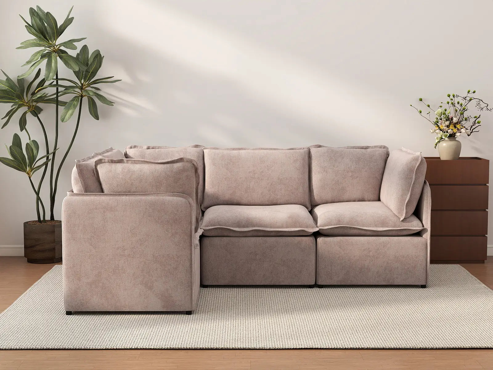 Deluxe Cloud 4-Seater Khaki L-Shaped Sectional | 4-Piece, Linen Look Poly Fabric, Washable Cushion Covers