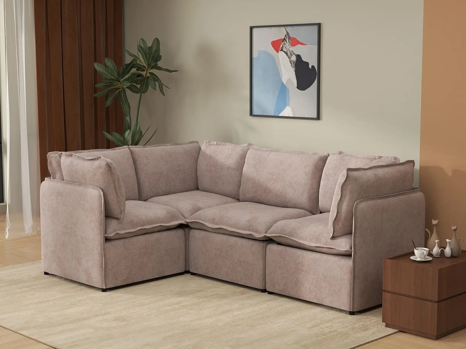 Deluxe Cloud 4-Seater Khaki L-Shaped Sectional | 4-Piece, Linen Look Poly Fabric, Washable Cushion Covers