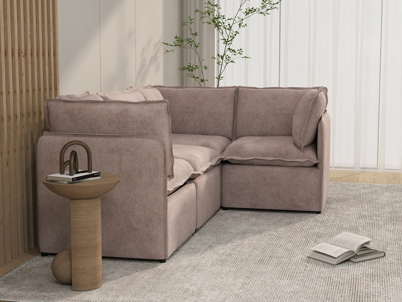 Deluxe Cloud 4-Seater Khaki L-Shaped Sectional | 4-Piece, Linen Look Poly Fabric, Washable Cushion Covers