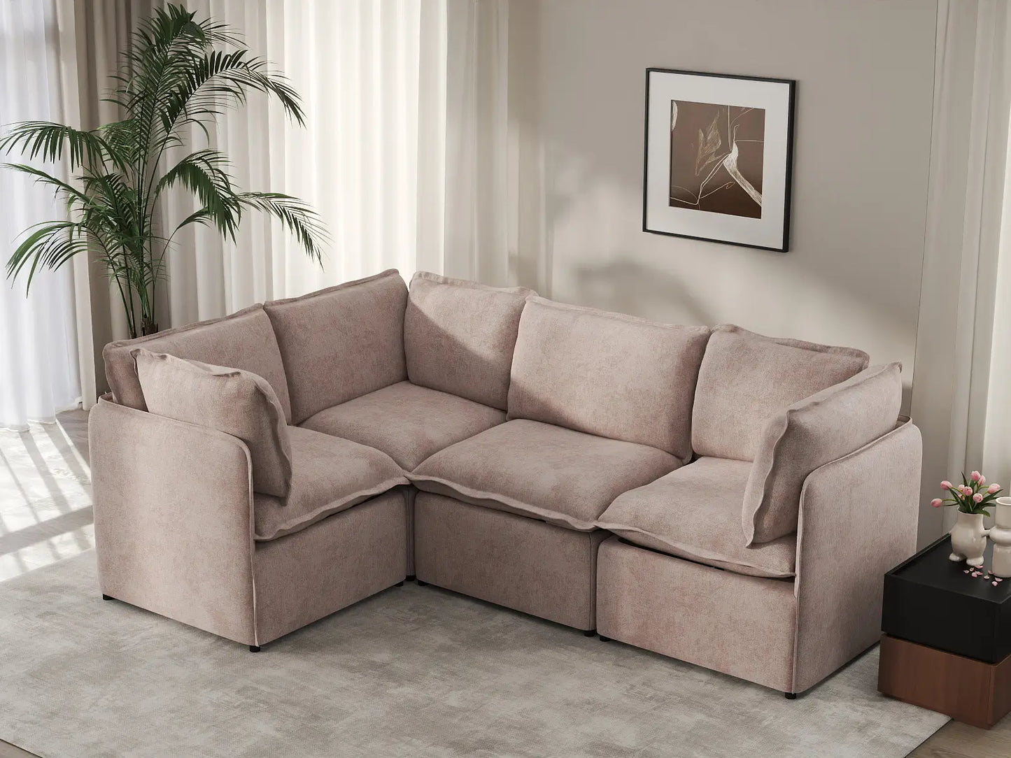 Deluxe Cloud 4-Seater Khaki L-Shaped Sectional | 4-Piece, Linen Look Poly Fabric, Washable Cushion Covers