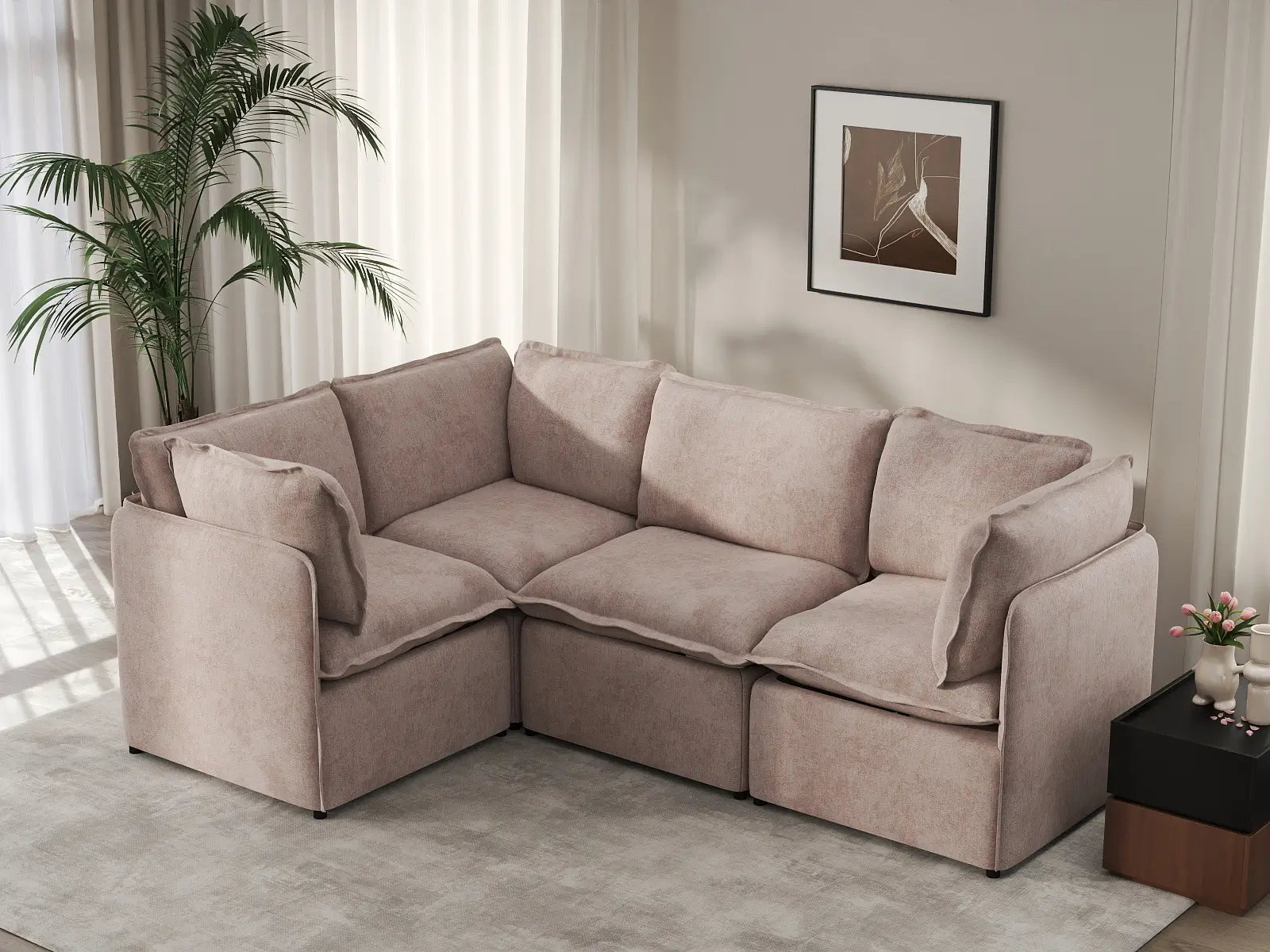 Deluxe Cloud 4-Seater Khaki L-Shaped Sectional | 4-Piece, Linen Look Poly Fabric, Washable Cushion Covers