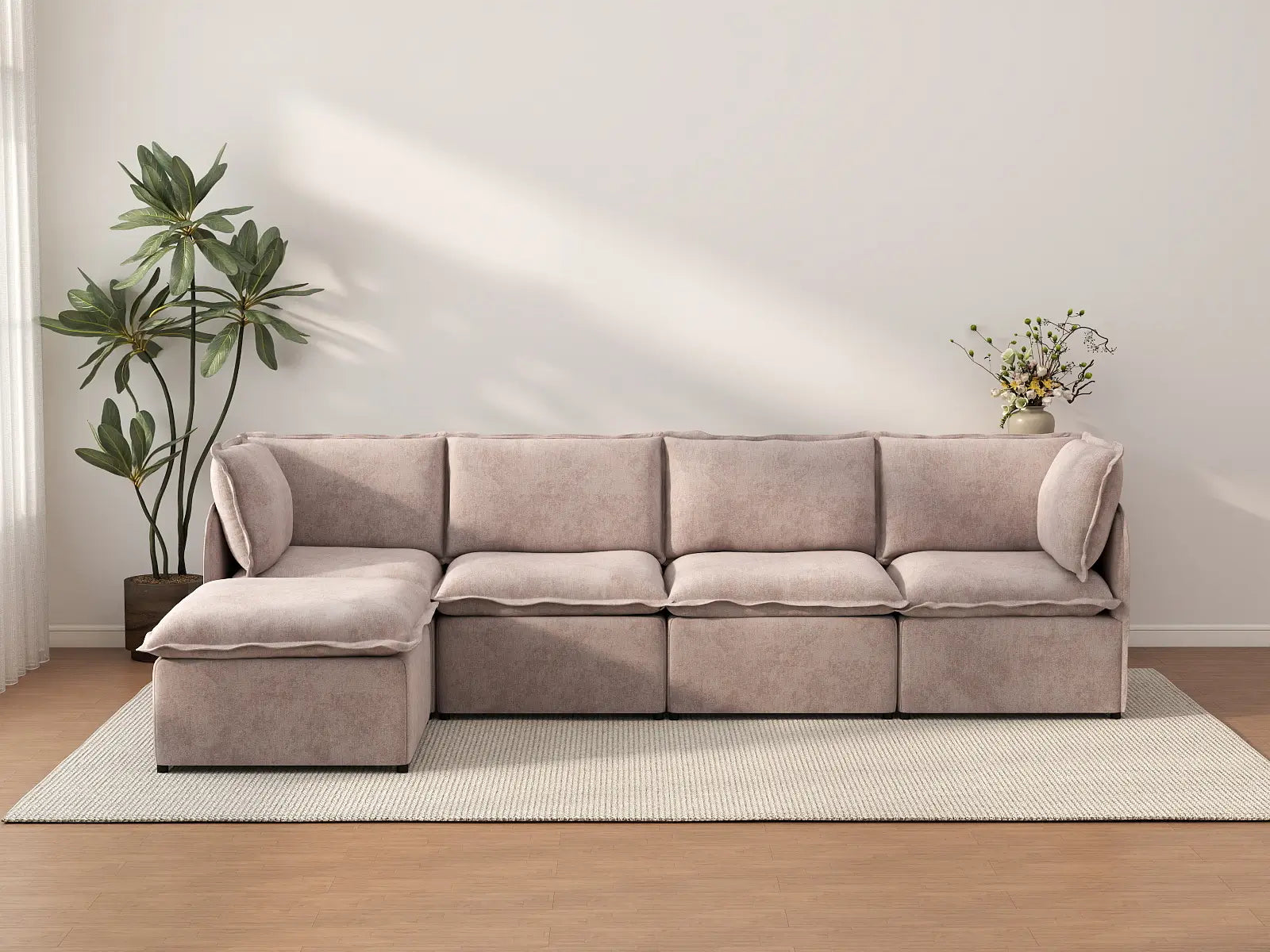Deluxe Cloud 4-Seater Khaki L-Shaped Sectional | 5-Piece (Includes 1 Ottoman), Linen Look Poly Fabric, Washable Cushion Covers