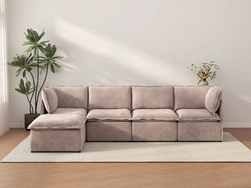 Deluxe Cloud 4-Seater Khaki L-Shaped Sectional | 5-Piece (Includes 1 Ottoman), Linen Look Poly Fabric, Washable Cushion Covers