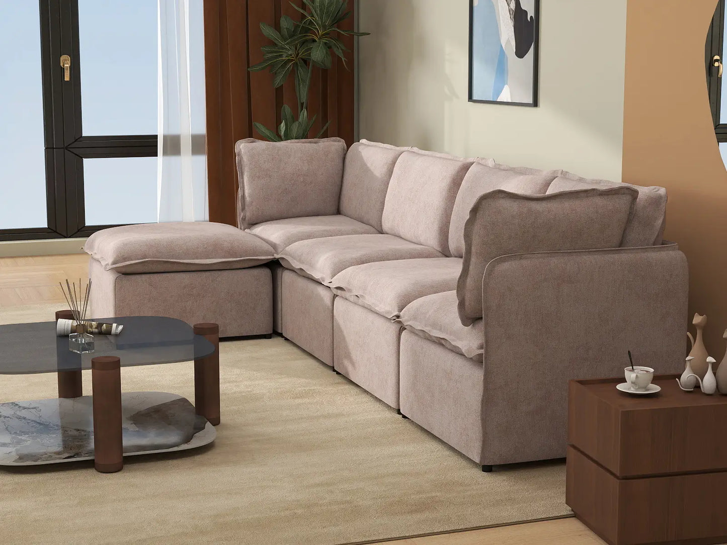 Deluxe Cloud 4-Seater Khaki L-Shaped Sectional | 5-Piece (Includes 1 Ottoman), Linen Look Poly Fabric, Washable Cushion Covers