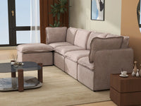 Deluxe Cloud 4-Seater Khaki L-Shaped Sectional | 5-Piece (Includes 1 Ottoman), Linen Look Poly Fabric, Washable Cushion Covers