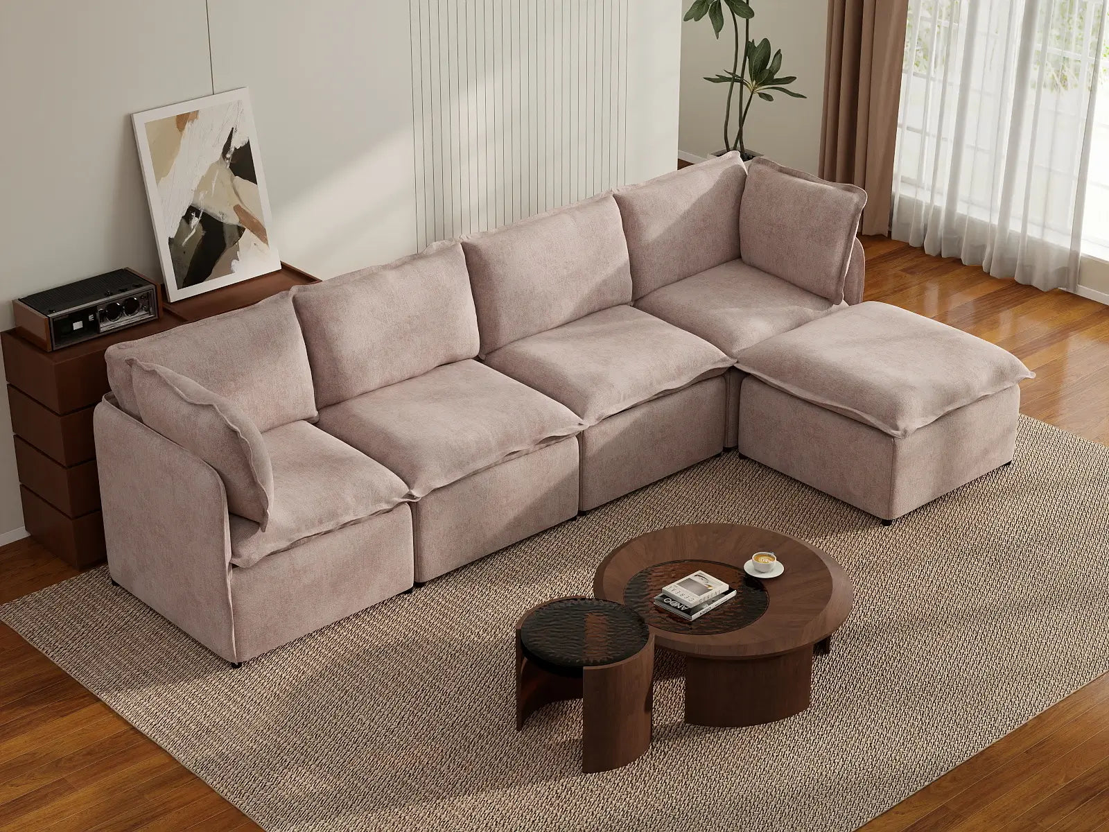 Deluxe Cloud 4-Seater Khaki L-Shaped Sectional | 5-Piece (Includes 1 Ottoman), Linen Look Poly Fabric, Washable Cushion Covers