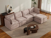 Deluxe Cloud 4-Seater Khaki L-Shaped Sectional | 5-Piece (Includes 1 Ottoman), Linen Look Poly Fabric, Washable Cushion Covers