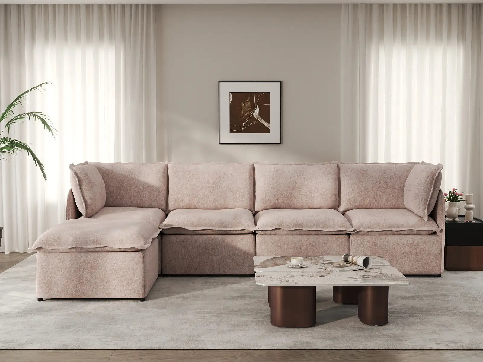 Deluxe Cloud 4-Seater Khaki L-Shaped Sectional | 5-Piece (Includes 1 Ottoman), Linen Look Poly Fabric, Washable Cushion Covers